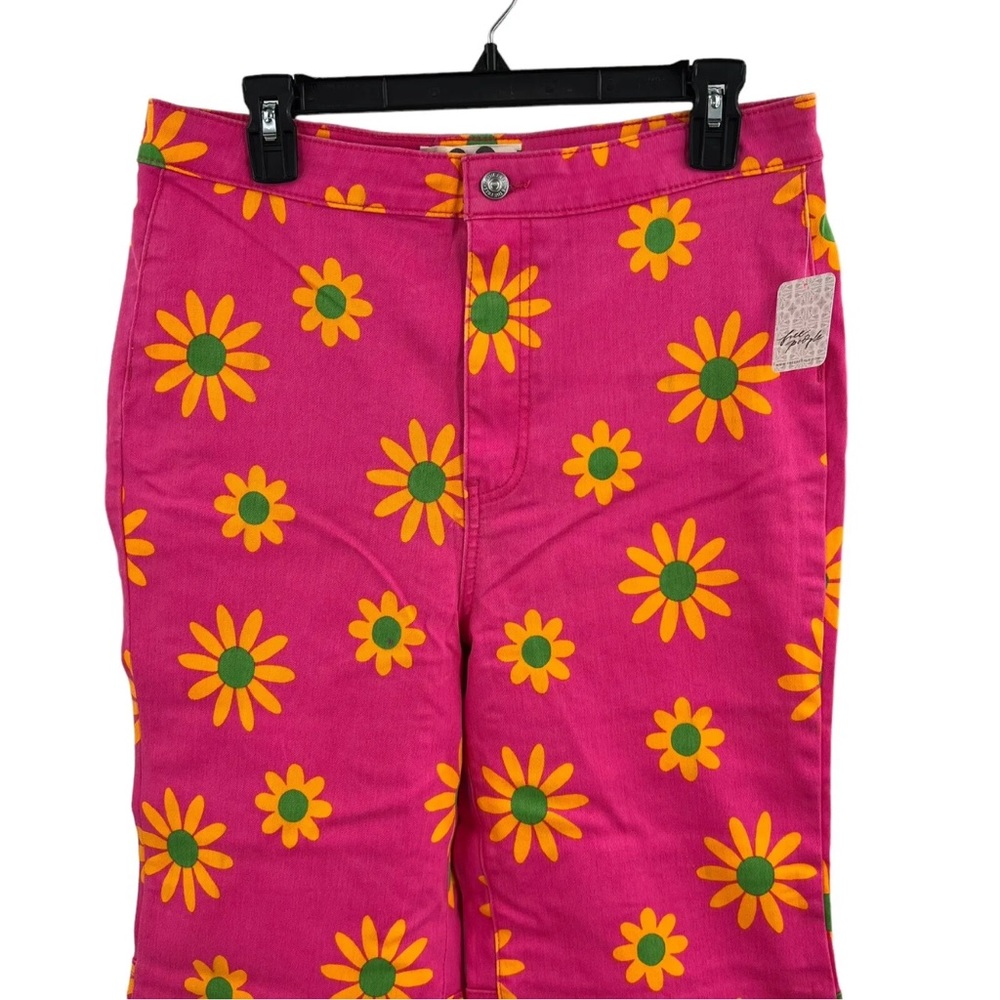 Free People Pink Floral Flare Jeans with Yellow Sunburst Print - Picture 7 of 13